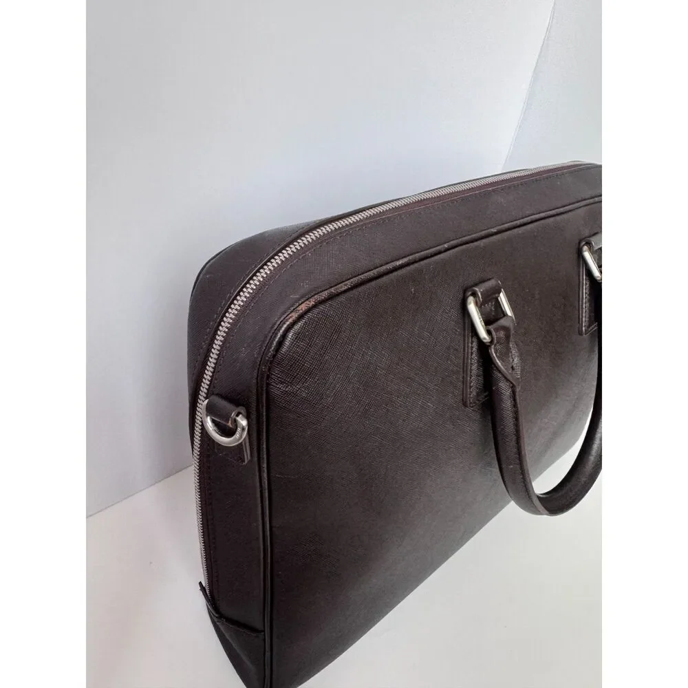 MCM BROWN Saffiano Leather Briefcase Laptop Bag 15” Work Travel Tote Unisex